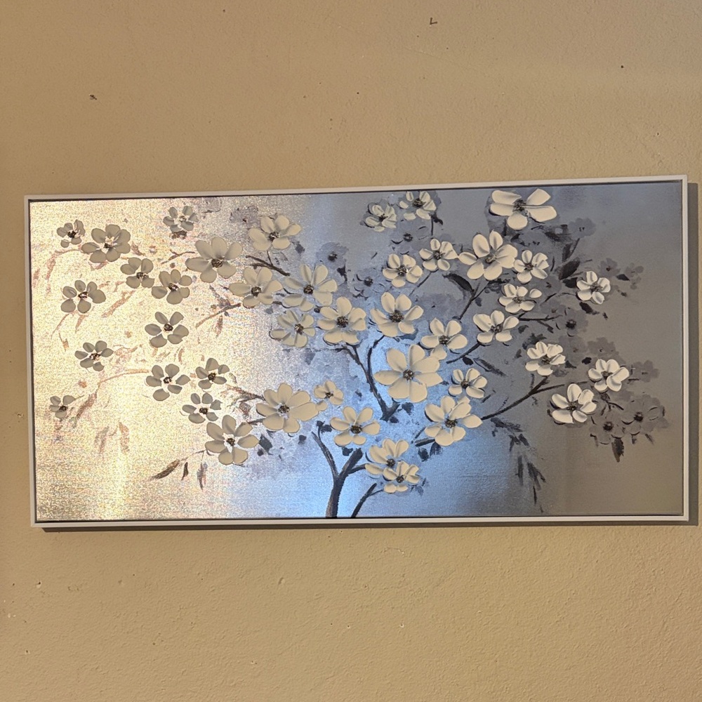Silver Floral Wall Art Panel with White 3D Blossoms